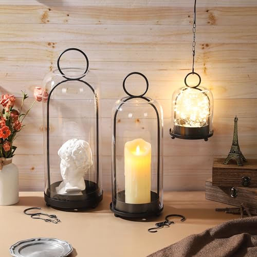 16" High Versatile Modern Metal Hurricane Lantern with Handmade Sturdy Glass Dome in Black for Pillar Candle & Plants, Industrial, Farmhouse, Shabby Chic (Black, 6.3:x16.5) - color: Black, size: 6.3"x16.5"