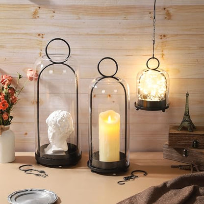 16" High Versatile Modern Metal Hurricane Lantern with Handmade Sturdy Glass Dome in Black for Pillar Candle & Plants, Industrial, Farmhouse, Shabby Chic (Black, 6.3:x16.5) - color: Black, size: 6.3"x16.5"