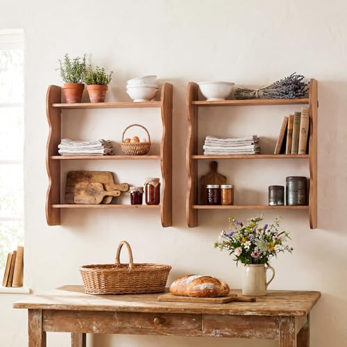 Cinnvoice 2 Pcs Solid Wood Wall Shelf 3-Tier, Brown