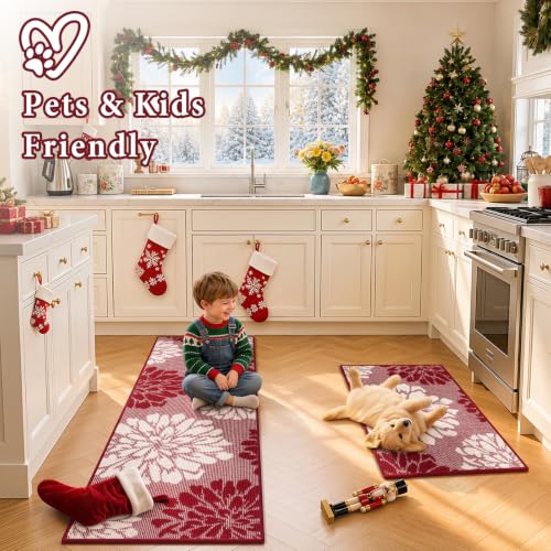 Findosom Christmas Kitchen Rugs Sets of 2, Floral Washable Kitchen Runner - color: Red, size: 24" x 36" + 24" x 60"