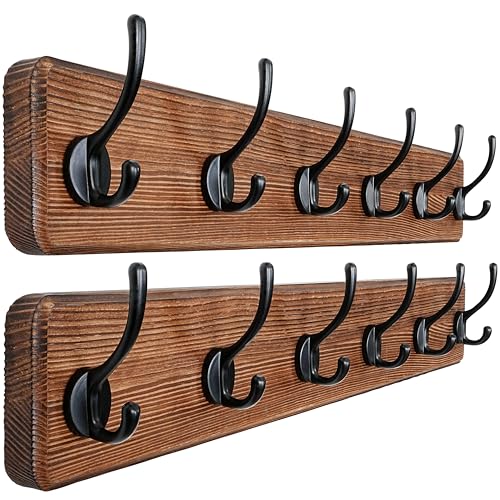 Dseap Wall Mounted Coat Rack: 24" Long, Patented, Heavy-Duty, 6-Double-Hooks Wooden Hanger Rail for Winter Coats, Hat, Jacket, Clothing - Natural & Black, Pack of 2 - color: Natural & Black, size: L=24"(2pcs)
