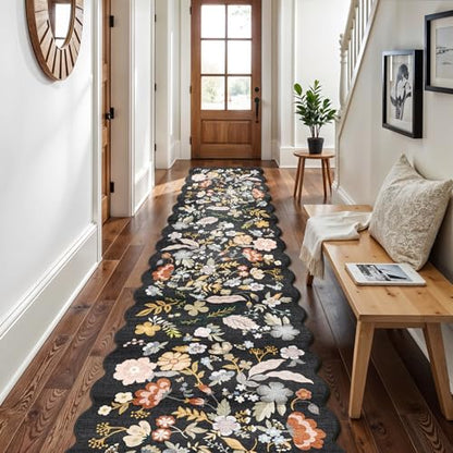 3x20 Hallway Runner Rug Washable: Boho Extra Long 20ft Scalloped Rug Black - color: Black, size: 3' x 20' (Runner)