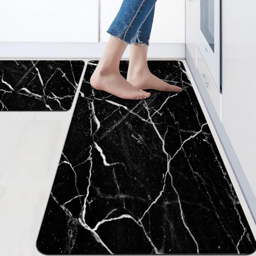 Mrcrypos Black Marble Kitchen Mat for Floor Anti Fatigue Kitchen Mat Set Non-Skid Waterproof PVC Leather (2 Pcs) for House Sink Office Kitchen Runner Mat 17.3" W X 29" L + 17.3" W X 47" L - size: 17.3"W x 29"L x 0.4"Th + 17.3"W x 47"L x 0.4"Th