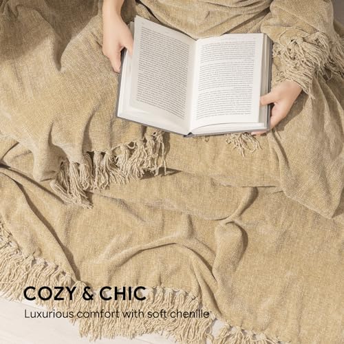 RECYCO Chenille Throw Blanket for Couch, 60"x80", Beige - color: Beige, size: 60'' X 80''