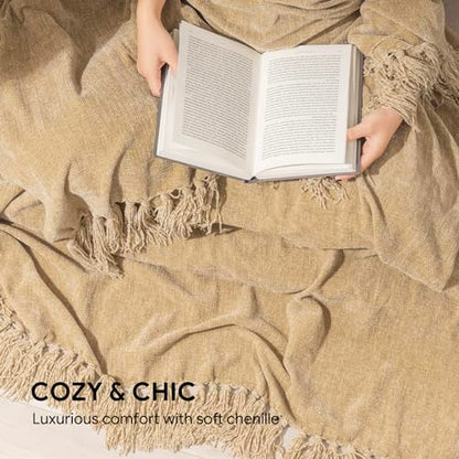 RECYCO Chenille Throw Blanket for Couch, 60"x80", Beige - color: Beige, size: 60'' X 80''