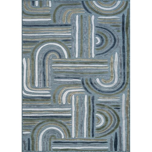 CAMILSON Indoor Outdoor Rug, Aqua 5x7 Geometric Arch Striped Area Rugs for Patio and Home Areas, Easy-Cleaning Non-Shedding Living Room, Garden and Deck Washable Outside Carpet (5 x 7) - color: 3004 Aqua, size: 5' x 7' (Rectangular)