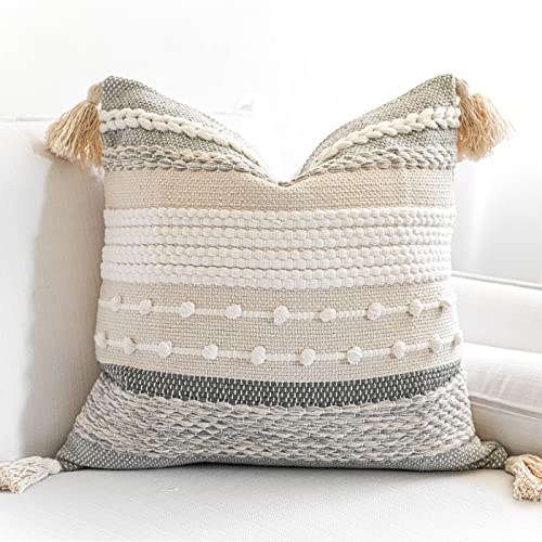 BlissBlush Gray Boho Throw Pillow Cover 20x20 Grey Decorative Accent Pillow for Couch Square Woven Textured Pillowcase Modern Farmhouse Pillow for Bed Bohemian Pillow Cover (Pack of 1) - color: Gray, size: 20" x 20" (Pack of 1)