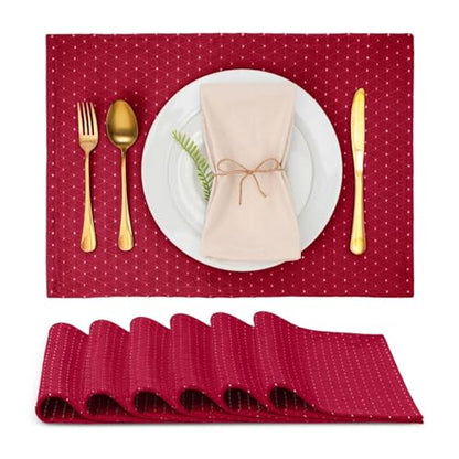 Cotton Placemats Set of 6-13x19 Inch, Diamond Quilted Place Mats, Durable & Elegant for Dining Table, Wedding, Restaurant, Machine Washable, Oeko-TEX Certified - Red - color: Red - Diamond Quilted