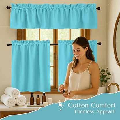 Native Fab Kitchen Window Curtains, 3 Piece Set, Valance 54x18, Tiers 26x36 Inch, Rod Pocket, Semi Sheer, Privacy Tiers with Topper, Durable, Great for Beach House, Bathroom, Dining Area, Ocean Blue - color: Ocean Blue