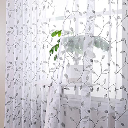 Tollpiz Leaves Sheer Tier Curtain Grey Leaf Embroidery Kitchen Half Curtains Rod Pocket Voile Faux Linen Embroidered Leaves Curtain for Bathroom, 30 x 36 inches Long, Set of 2 Panels - color: Grey, size: 30"W x 36"L (Pack of 2)