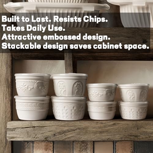 Artena Ramekins with Lids, Creme Brulee Ramekins Oven Safe, Ceramic Pudding Cups, Souffle Cups, Custard Cups, Dipping Sauce Cups, Food Storage Containers with Lids, Set of 4 (8 oz, Willow Leaf) - size: 4 inch (Willow Leaf, White)