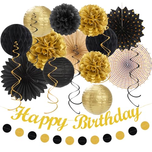 Black Gold Women-Men Birthday Party-decorations - 21pcs Happy Banner,Paper Streamers Lanterns Honeycomb,Tissue Pom Poms Fan,Classroom Birthday Supplies Decor Huglony - color: Black Gold Birthday