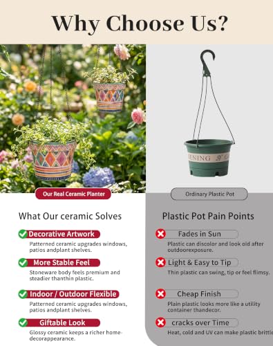 Stoneware Hanging Planters Set of 2, Large 7" + Small 5" - color: Set 2-boho Geometric