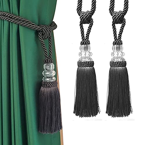 Tassel Curtain Tiebacks Handmade Curtain Tie Backs, Elegant Crystal Curtain Holdbacks for Home Office Decor (Charcoal, 2P) - color: Charcoal, size: 2P
