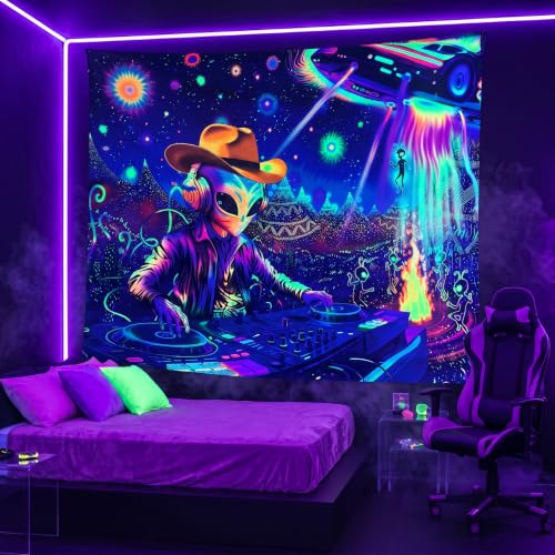 Blacklight Galaxy Alien Party Throw Blankets UV Reactive Night Sky Spaceship Throw Blanket Glow in the Dark Under Black Lights Game Room Decor Soft Throw Gifts 59x51 Inches - color: Alien Party