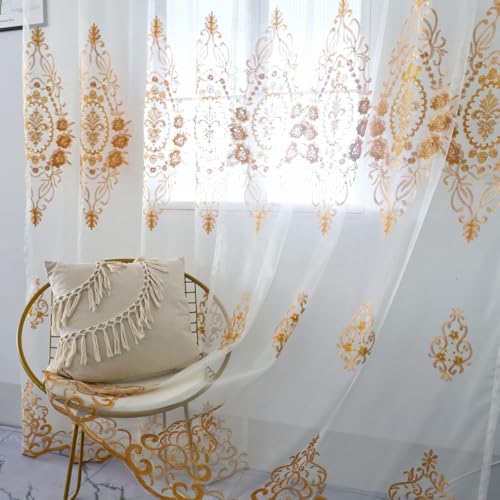 Amidoudou Rod Pocket Curtains European Luxury Sheer Embroidered Window Screening for Living Room Bedroom Tulle Curtains (Gold,52" W x 84" L (Pack of 2)) - color: Gold, size: 52"W x 84"L (Pack of 2)