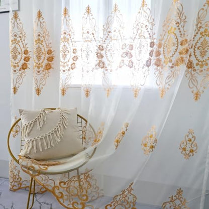 Amidoudou Rod Pocket Curtains European Luxury Sheer Embroidered Window Screening for Living Room Bedroom Tulle Curtains (Gold,52" W x 90" L (Pack of 2)) - color: Gold, size: 52"W x 90"L (Pack of 2)