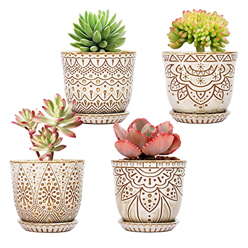 Gepege Ceramic Succulent Pots, 4 Inch Small Plant Pots with Drainage - color: Cream White, size: 4 Inch - Set of 4