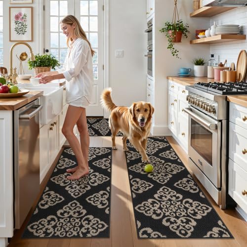 U'Artlines 3-Piece Kitchen Rug Set Damask Medallion Floor Mats - color: Damask Black