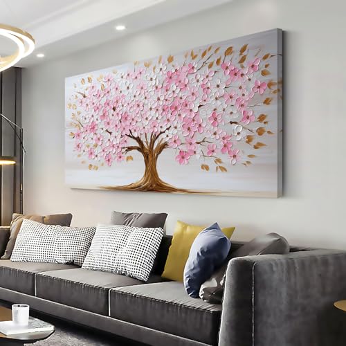 ZOMNAI Pink and White Tree Petals Wall Art for Living Room Office Nature Art Deco Plant Scenic Painting Prints Modern Canvas Artwork Over the Couch Bedroom Decor Large - color: Pink and White Tree Petals Wall Art (K869), size: 46L" x 23W"
