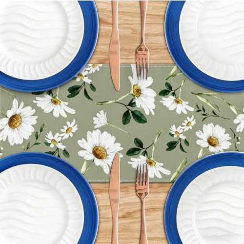 Olive Green Daisy Flowers Spring Table Runner, Table Runners 72 Inches Long - color: White Daisy