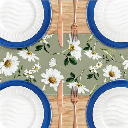 Olive Green Daisy Flowers Spring Table Runner, Table Runners 72 Inches Long - color: White Daisy