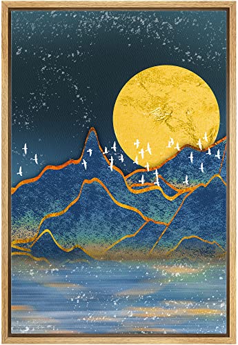 IDEA4WALL Framed Canvas Print Wall Art Neon Blue Gold Mountain Range Valley Nature Abstract Illustrations Modern Art Rustic Landscape Multicolor for Living Room, Bedroom, Office - 16"x24" Natural - color: A10-03-irs14, size: 24"L x 16"W