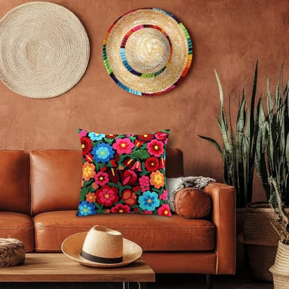 HunnmingRe Mexican Embroidered Flower Throw Pillow with Insert, Black - color: Black