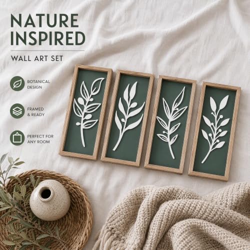 3D Tree Leaf Boho Wall Art, Sage Green, Wooden Framed, Set of 4 - color: 4 Pcs Sage Green, size: 7"X16"