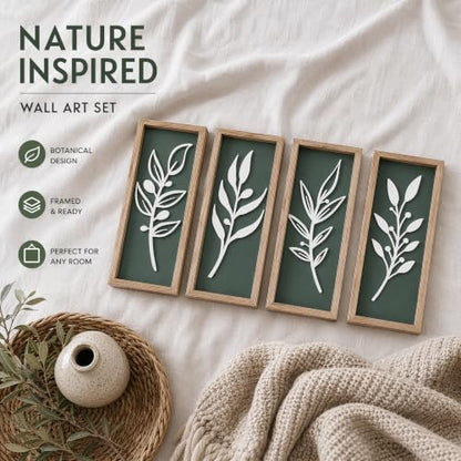 3D Tree Leaf Boho Wall Art, Sage Green, Wooden Framed, Set of 4 - color: 4 Pcs Sage Green, size: 7"X16"