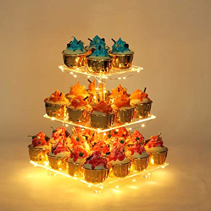 YestBuy 3 Tier Cupcake Stand with Yellow LED String Light for 24 Cupcakes - color: Yellow, size: 3 Tier Square