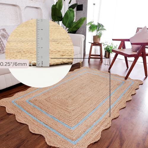Wave Scalloped Jute Rug Entryway Natural Boho Area Rug Sky Blue 2'x3' - color: Sky Blue, size: 2'x3'