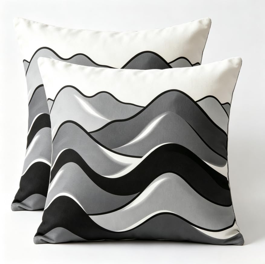 2 Pack Black Gray Mountain Wave Linen Throw Pillow Covers 18x18 Inch - color: A20019, size: 18" x 18" (Pack of 2)