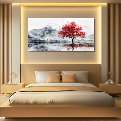 MHARTK66 Large Red Tree Mountain Canvas Wall Art for Living Room,24x48 Inch - color: Red Tree, size: 48"L x 24"W
