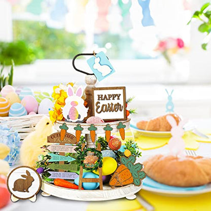 Patelai 12 Pcs Easter Tiered Tray Decor Farmhouse Easter Wood Table Decor Rustic Bunny Rabbits Carrot Gnome Egg Sign Decorative Spring Table Centerpieces for Home Indoor Kitchen - style: Easter