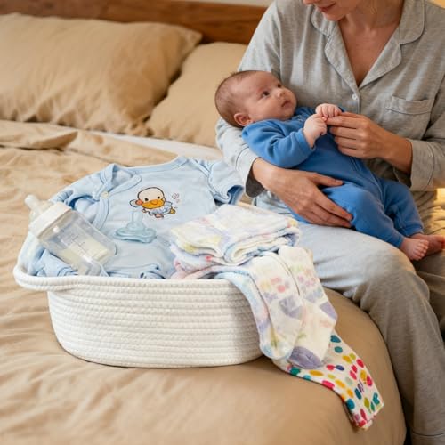 4PCS Woven Baskets Organizing Cotton Rope Decorative Baskets for Home Bedroom Bathroom Laundry Storage Pet Baby Toy Containers Soft Empty Basket with Cellophane Wrap Set(12" x 8" x 5") - color: White