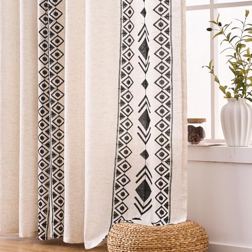 Black Boho Linen Curtains 84 Inch 2 Panels for Living Room Bedroom - color: Geometric-black, size: 52"W x 84"L (Pack of 2)