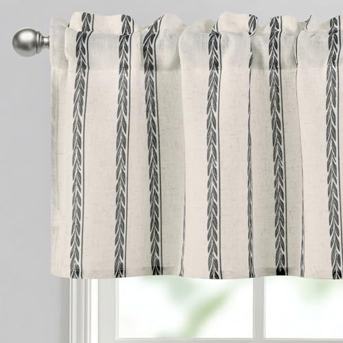 JIUZHEN 52x18 Inch Kitchen Valance - Thick Textured Linen Striped Window Valance Curtain with 3" Rod Pocket, Wheat Stripe Grey (1 Panel) - color: Wheat Stripe Grey, size: 52"W x 18"L (Pack of 1)