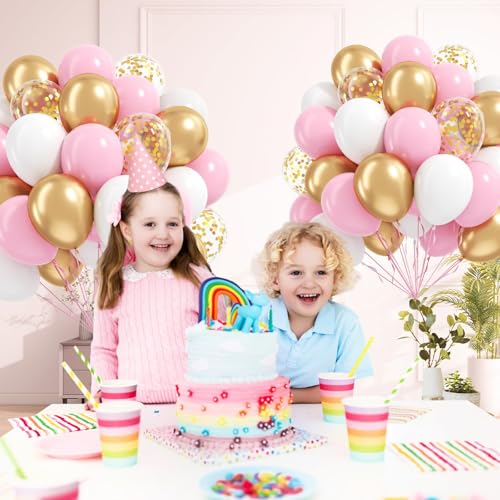 60pcs Pink and Gold Balloons 12inch with Metallic Gold Confetti Balloons - color: Pink White Gold