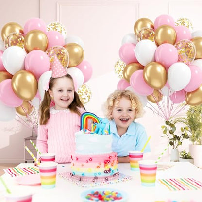 60pcs Pink and Gold Balloons 12inch with Metallic Gold Confetti Balloons - color: Pink White Gold