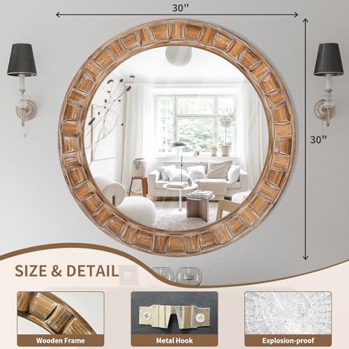 30 Inch Brown Solid Wood Round Wall Mirrors - color: B - Circle - 30x30 in