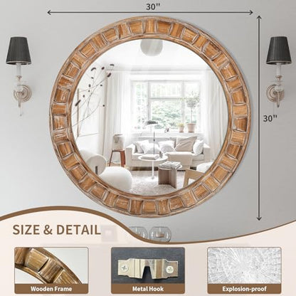 30 Inch Brown Solid Wood Round Wall Mirrors - color: B - Circle - 30x30 in