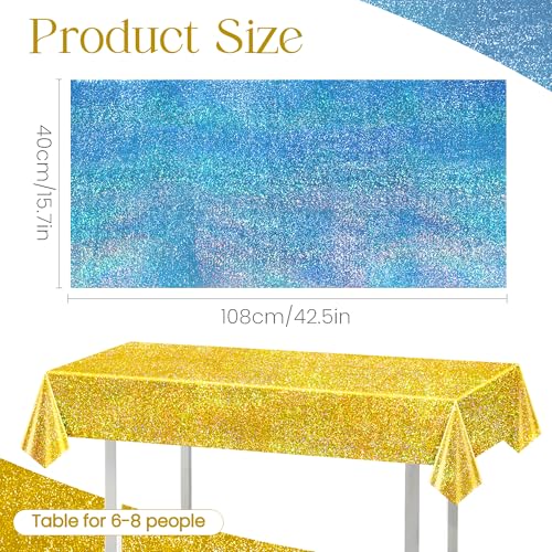 Just Shimmer Sparkling Holographic Laser Tablecloth - Shimmering, Waterproof, Easy to Clean - Ideal for Bachelorette, Birthday, Wedding, and Anniversary Party Decorations (Light Blue & Gold, 2) - color: Light Blue & Gold