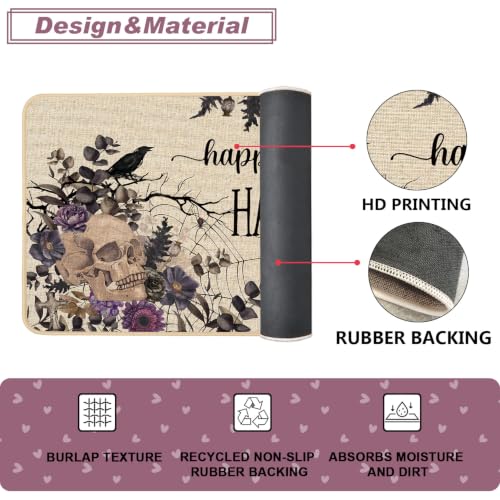 Baccessor Halloween Skull Kitchen Rugs Set of 2, 17x29 and 17x47 Inch - color: Purple Floral