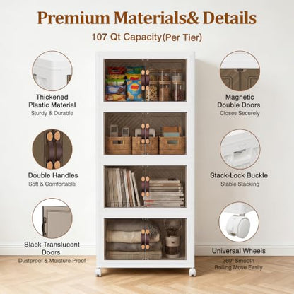 4Tier 428QT Stackable Storage Bins With Lids Portable Wheels Cabinet, White - size: 107QT(Per Tier)-4Tier