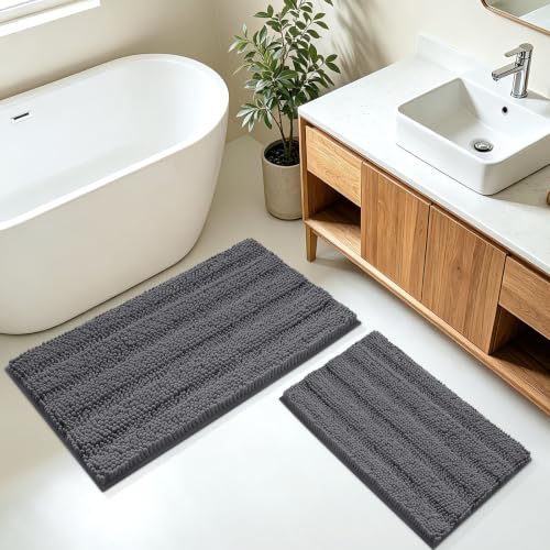 Striped Grey Bathroom Rug Mat Set 2 piece 32"x20"+24"x17" Ultra Soft, Non Slip Chenille Bath Rugs, Absorbent Plush Shaggy Bath Mats for Bathroom, Bedroom, Kitchen, Shower, Tub,Dark Gray, Charcoal - color: Dark Gray, size: 32"x20"+24"x17"