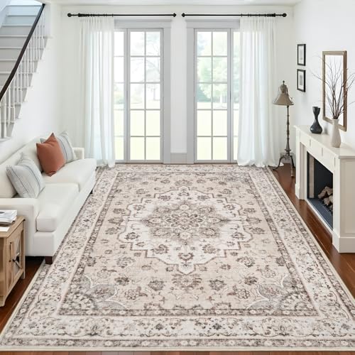 Washable 9x12 Large Area Rug: Non-Slip Stain Resistant Living Room Rugs Vintage Lightweight Durable Bedroom Carpet Soft Medallion Farmhouse Floor Mat for Dining Room Home Office 9x12 Beige/Cream - color: Cream Beige, size: 9' x 12' (Rectangular)