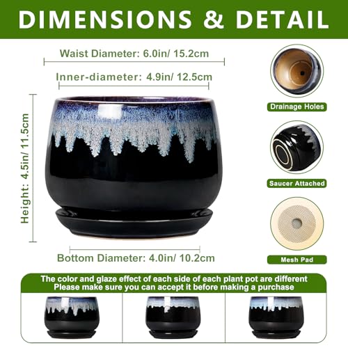 6 Inch Plant Pot - Ceramic Planters for Indoor Plants, Decorative Planter with Drainage Hole and Saucer, Round Flower Pots, Office Patio Decor, Gifts for Gardeners Woman, Black-Blue - size: 6 Inch, style: Black-blue