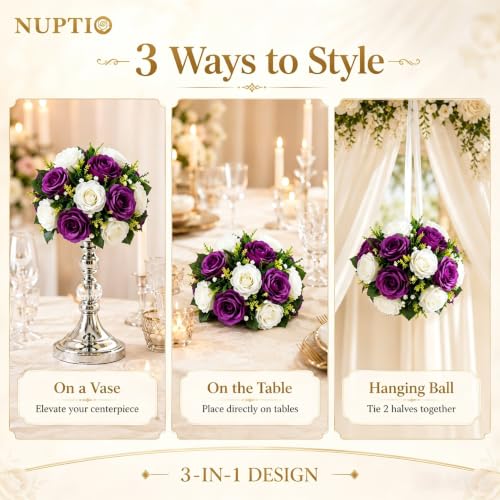 NUPTIO Flower Balls Centerpieces for Tables: Purple & White Fake Roses - color: Purple & White, size: 2 Pcs