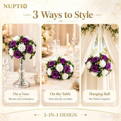 NUPTIO Flower Balls Centerpieces for Tables: Purple & White Fake Roses - color: Purple & White, size: 2 Pcs